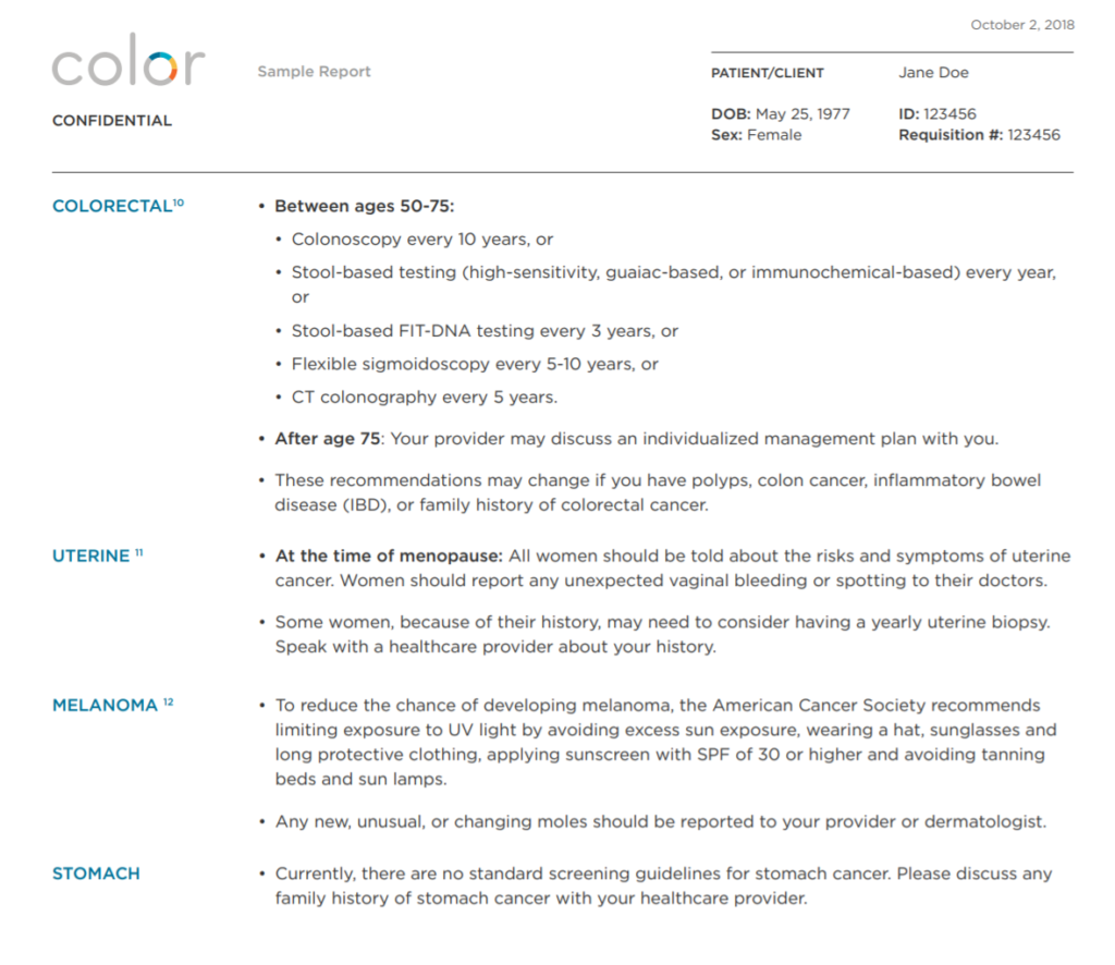 Color Genomics general recommendations