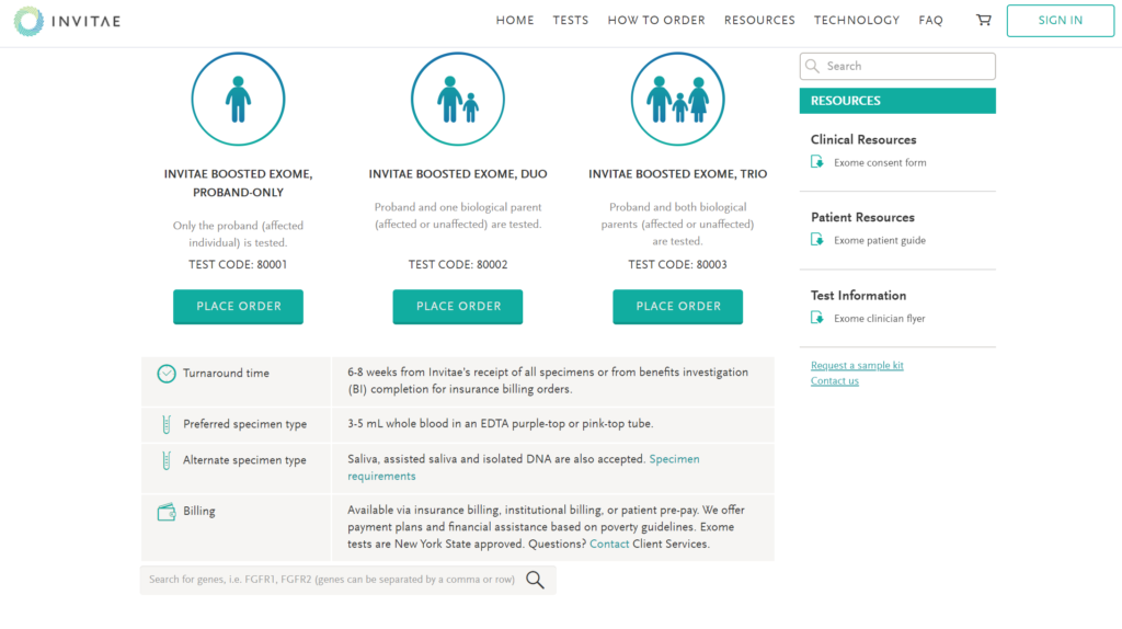 Invitae Genetic Testing website