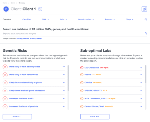 SelfDecode Pro Functional Medicine Client Dashboard